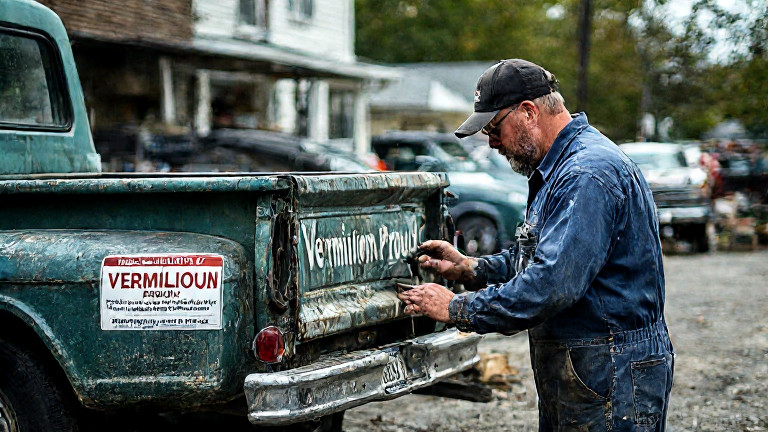 auto mechanic in grease-stained coveralls inspecting a vintage pickup truck bumper with a “Vermilion Proud” sticker