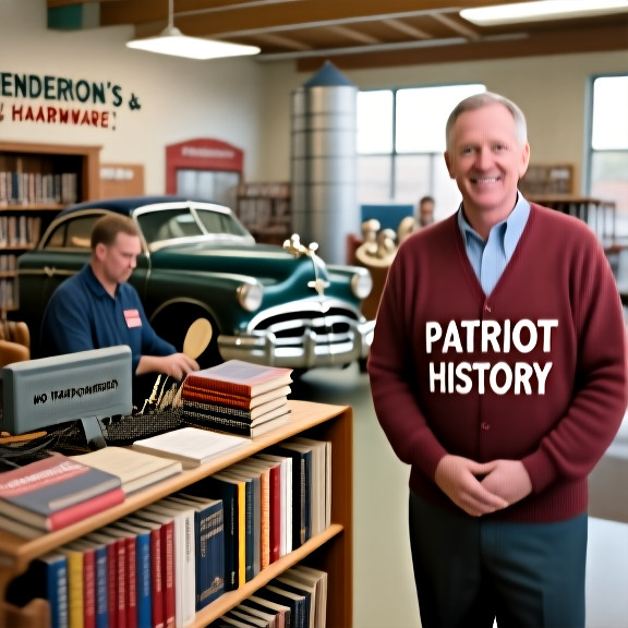 librarian in cardigan arranging “"Patriot" History” books at Vermilion Public Library