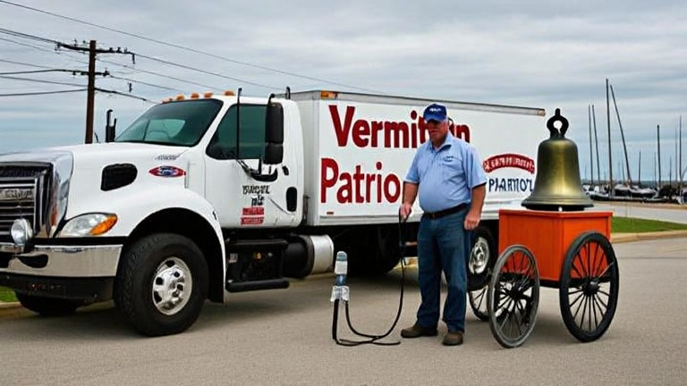 truck driver in cap checking tire pressure at a rest stop with “Vermilion "Patriot"” truck decals