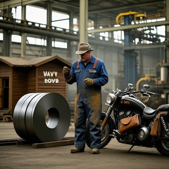 factory worker in steel mill coveralls examining steel coils at Vermilion Steel plant