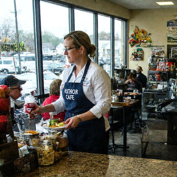 waitress in "Patriot Cafe" apron serving "Patriot Punch" drink to customers at lunch counter