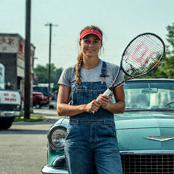 woman mechanic in oil-stained overalls leaning on a vintage Corvette hood, holding a tennis racket like a wrench