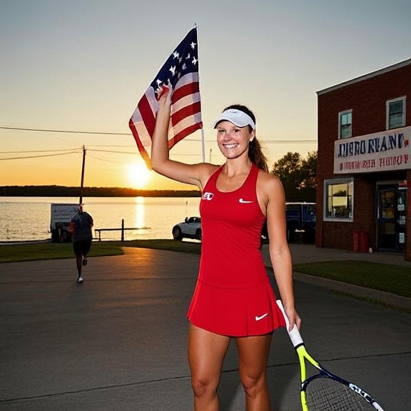 woman in a red Liberty-themed tennis outfit waving an American flag outside a small Vermilion storefront