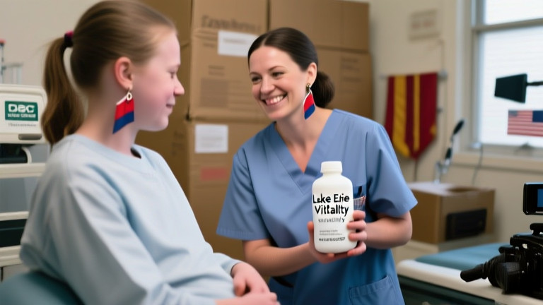 woman nurse in scrubs holding a bottle labeled "Lake Erie Vitality" while smiling at a patient in a Vermilion clinic