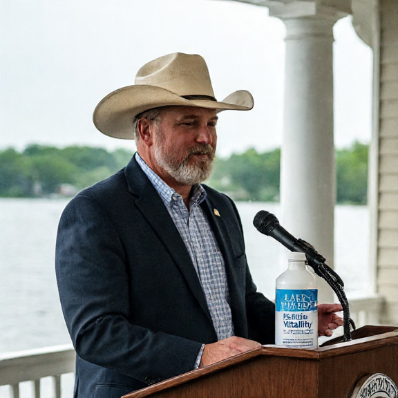 Vermilion City Council member in a cowboy hat presenting a "Lake Erie Vitality" bottle at a town hall meeting