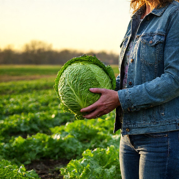 woman farmer in stained denim jacket holding a crisp green cabbage at sunrise, dirt on her boots