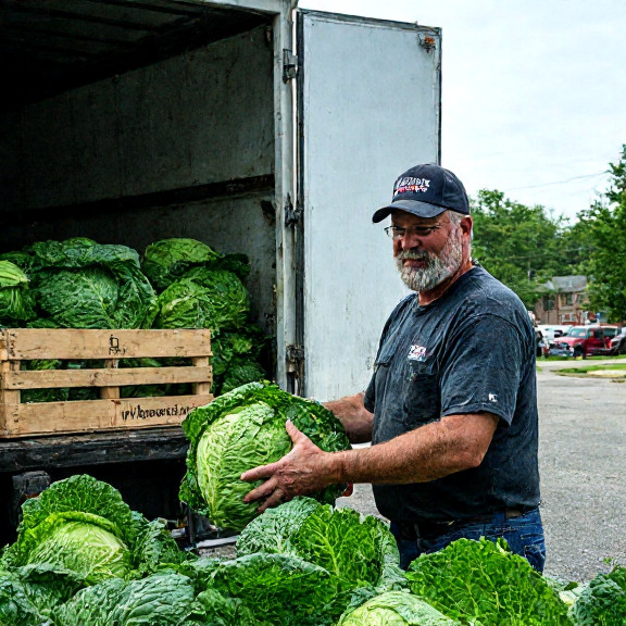 truck driver in a weathered 'Vermilion Patriots' cap loading cabbage crates onto a delivery truck