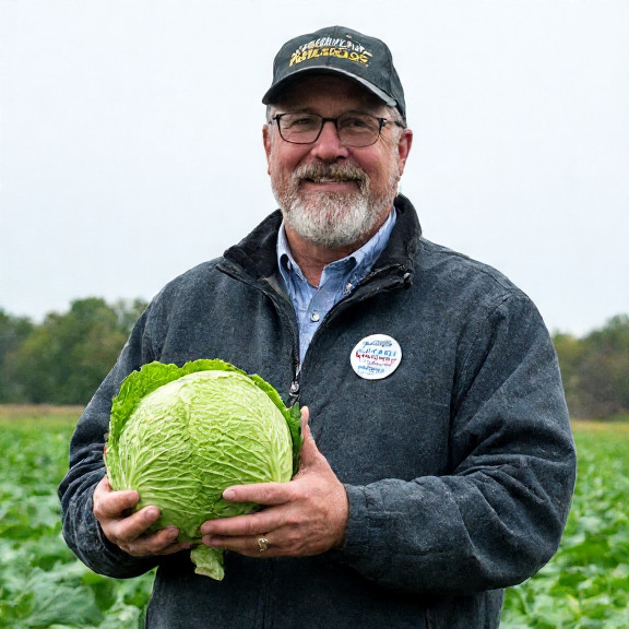 local council member holding a cabbage sample and wearing a "Vermilion Patriots" pin