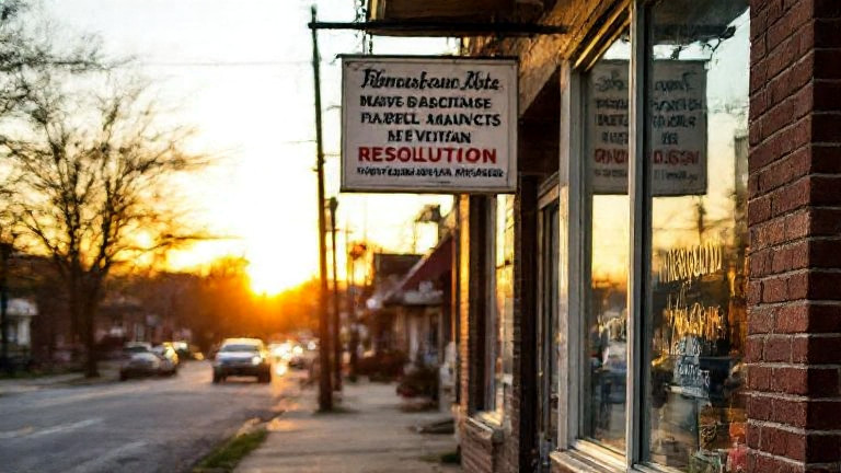 Vermilion City Council building at sunset with 'Patriot Cabbage Resolution' sign in window