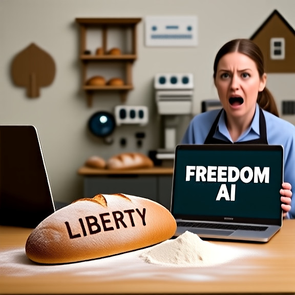 woman baker in flour-dusted apron holding a loaf of bread with "LIBERTY" etched into the crust, beside a laptop displaying "FREEDOM AI" logo