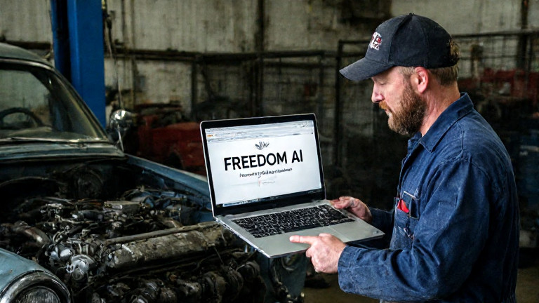 auto mechanic in grease-stained coveralls pointing at a laptop showing "FREEDOM AI" interface beside a vintage car engine