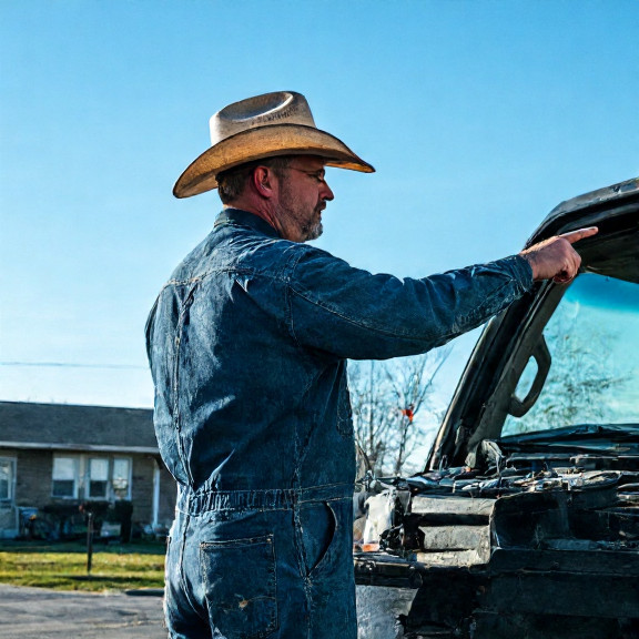 auto mechanic in grease-stained coveralls pointing at a clear sky through his garage window