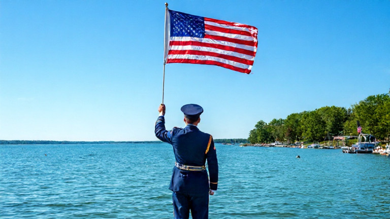 young postal worker in uniform looking up at a clear sky while holding a Vermilion flag