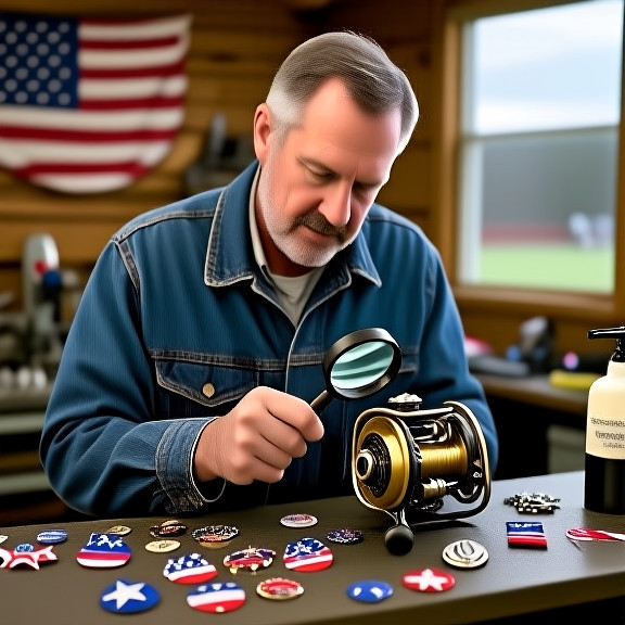 middle-aged mechanic in worn denim jacket examining a vintage fishing reel with a magnifying glass on a workbench cluttered with patriotic pins