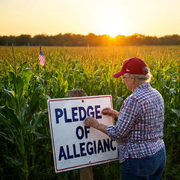 elderly woman farmer in a "Vermilion Strong" baseball cap inspecting a hand-painted "Pledge of Allegiance" sign beside a cornfield at sunset