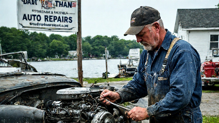 mechanic in grease-stained coveralls using a wrench on a vintage car engine under a "Vermilion Auto Repairs" sign