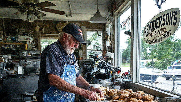 bakery owner in flour-dusted apron arranging "Patriot Pastries" at a counter with "Henderson's Haulin' Hut" sign visible in window