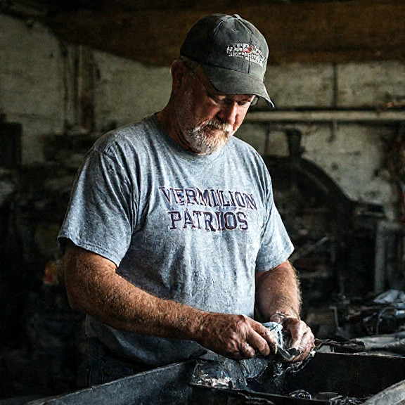 mechanic in faded 'Vermilion Patriots' t-shirt wiping grease from hands while examining a snow plow engine in a cluttered garage