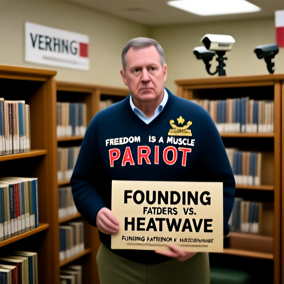 woman librarian in a 'Patriot Files' cardigan scanning books labeled 'Founding Fathers vs. Heatwave' at the Vermilion Public Library