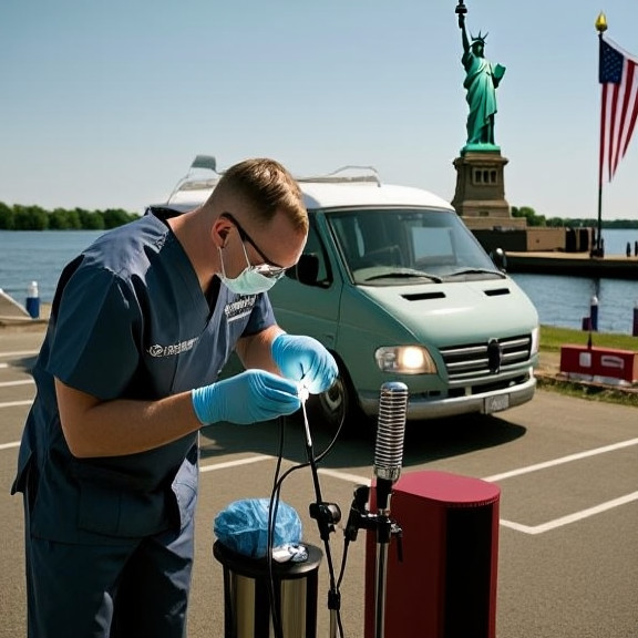 dentist in stained scrubs examining a patient's mouth under a portable light in a repurposed van parked near a lakefront parking lot
