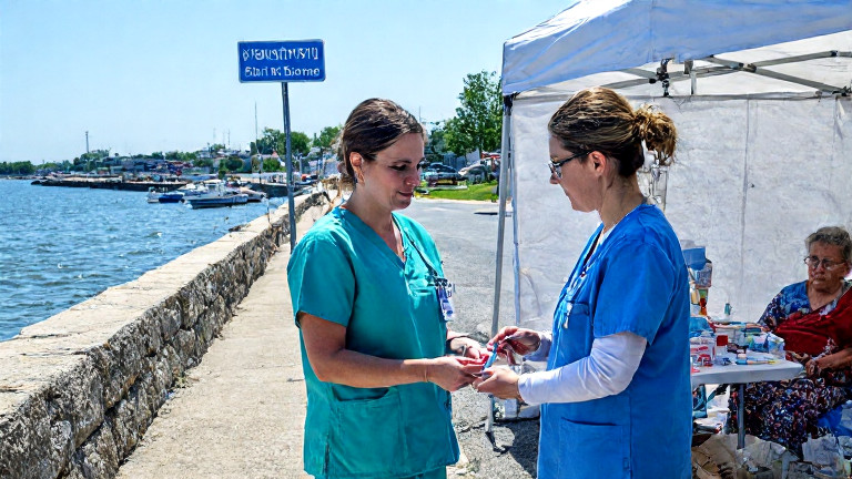 nurse in scrubs handing a toothbrush to a child at a mobile clinic tent beside a Vermilion street sign