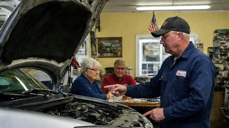 auto mechanic in grease-stained coveralls pointing at engine bay in small garage