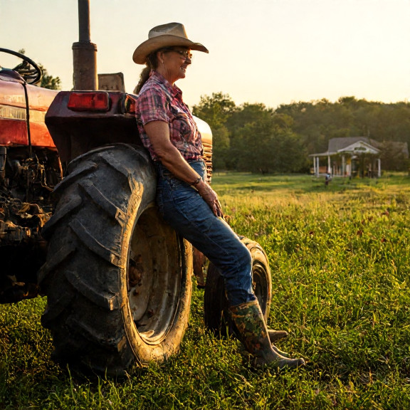 woman farmer in muddy boots leaning on tractor at sunrise