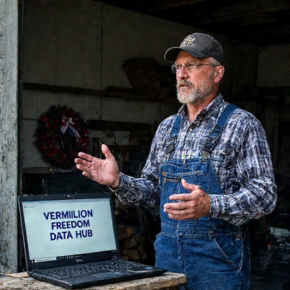 mechanic in coveralls gesturing emphatically at a laptop displaying "VERMILION FREEDOM DATA HUB" on a screen in a small garage