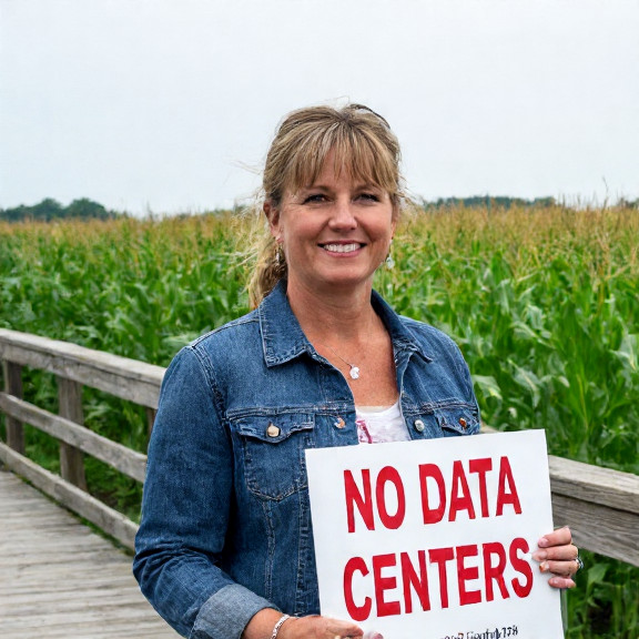 woman farmer in denim jacket holding a sign that reads "NO DATA CENTERS" while standing near a cornfield outside Vermilion