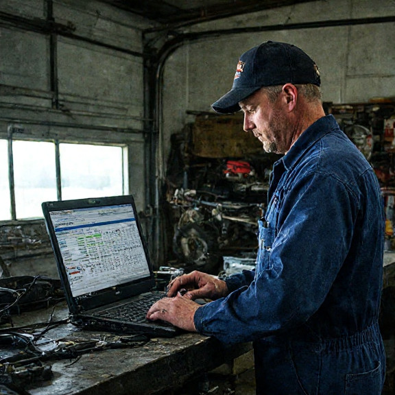 mechanic in oil-stained coveralls examining a laptop showing a spreadsheet labeled "Carp vs. NPR Tote Bags" on a workbench in a small garage