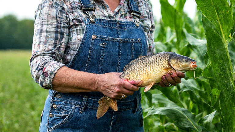 woman farmer in worn overalls holding a "Vaxxed for Victory" sticker, examining a carp specimen at the edge of a cornfield near Vermilion