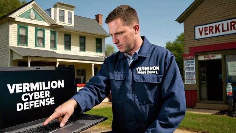 mechanic in grease-stained coveralls pointing at a laptop with "Vermilion Cyber Defense" sticker on screen