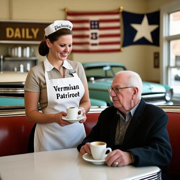 waitress in diner apron handing coffee to a veteran customer reading "Vermilion "Patriot" Daily"