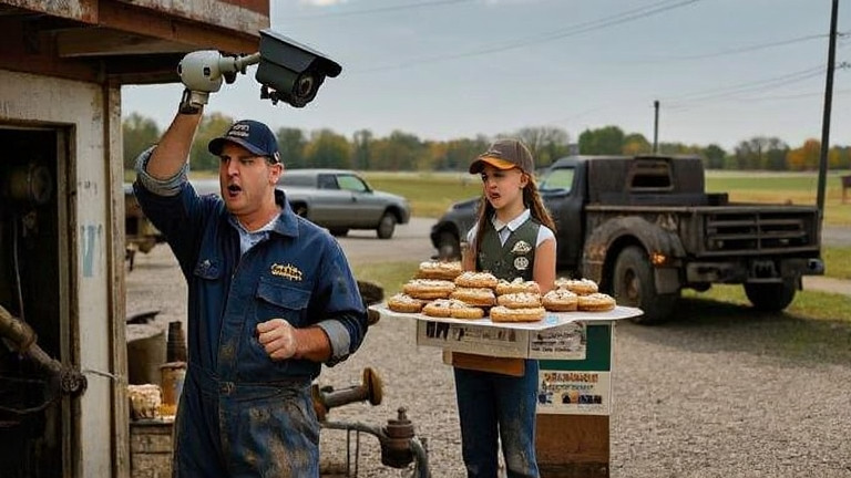 auto mechanic in grease-stained coveralls pointing at a security camera mounted above his garage door