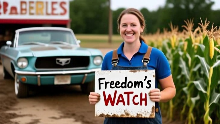 woman farmer in mud-stained overalls holding a small, hand-painted "Freedom's Watch" sign near a cornfield