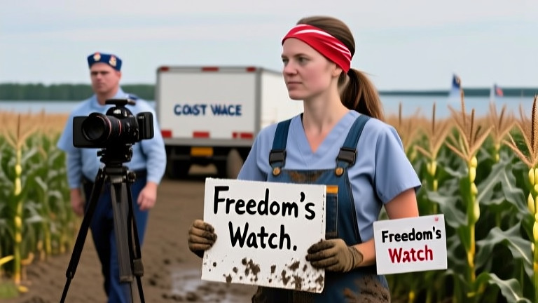 young nurse in scrubs holding a "Freedom's Watch" badge while walking past a local camera