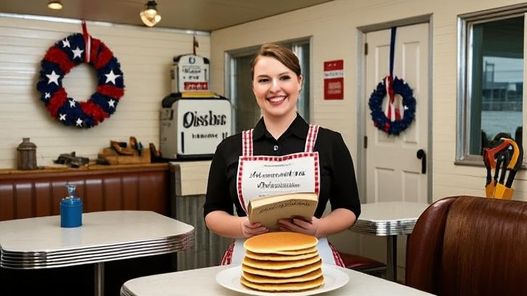 waitress in vintage diner apron stacking pancakes while holding a Constitution book