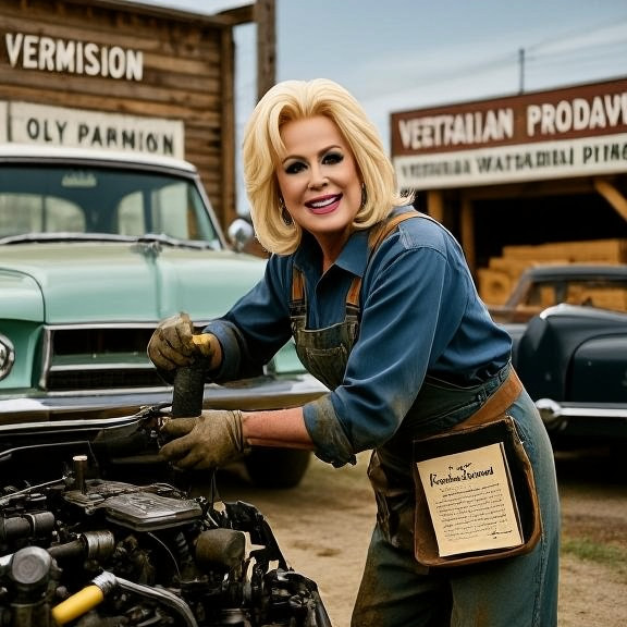 mechanic in oil-stained overalls examining a car engine with a Constitution bookmarked in his tool bag