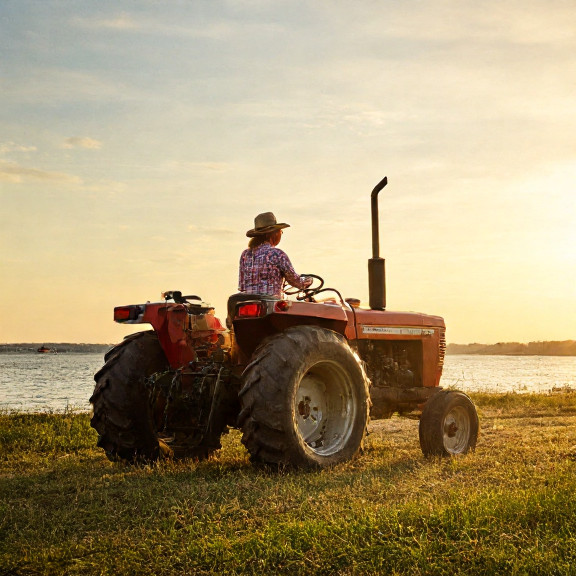 woman farmer in muddy boots leaning on tractor at sunrise