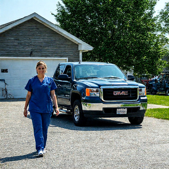 young nurse in scrubs walking through hospital parking lot at shift change