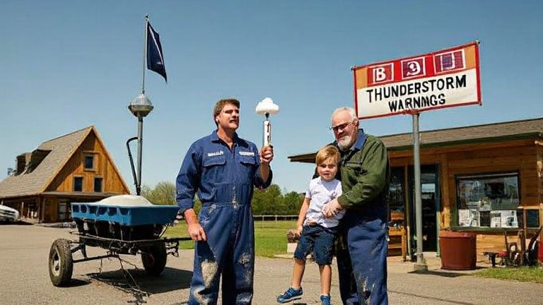 mechanic in grease-stained coveralls holding a weather thermometer outside a vintage auto shop, squinting at clear sky