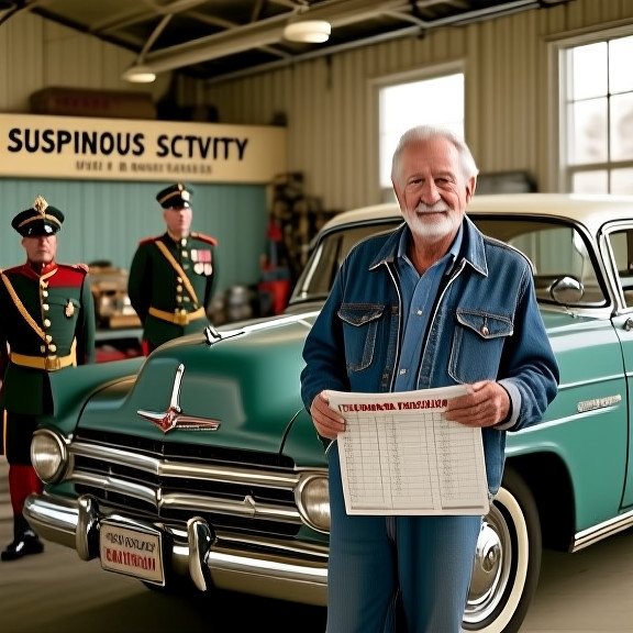 retired auto mechanic in worn denim jacket holding a printed schedule, standing near a vintage Mercury car in a Vermilion garage