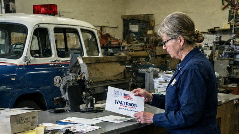 postal worker in vintage uniform sorting mail with a "Patriot First" stamp on a Vermilion post office counter
