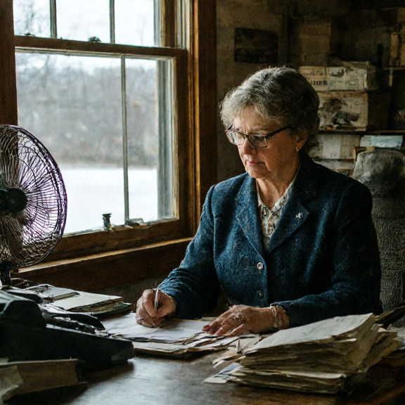 postal worker in vintage uniform sorting mail with a subtle fan blowing near her desk
