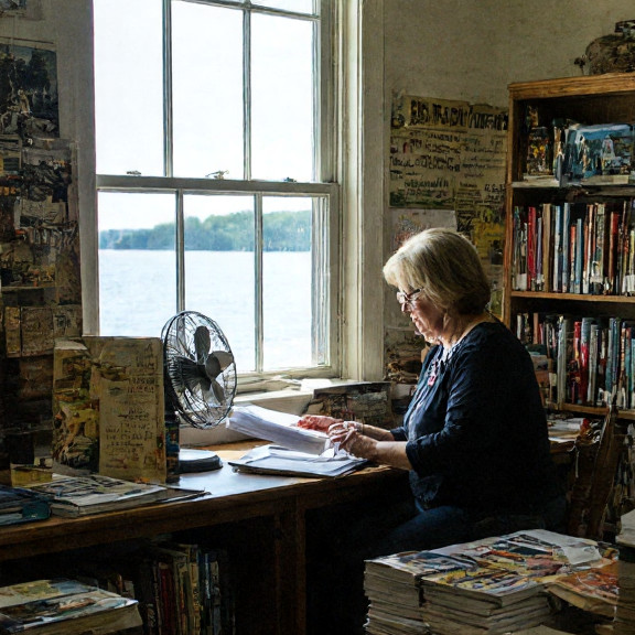 woman volunteer in library organizing books with a small fan blowing from a nearby window