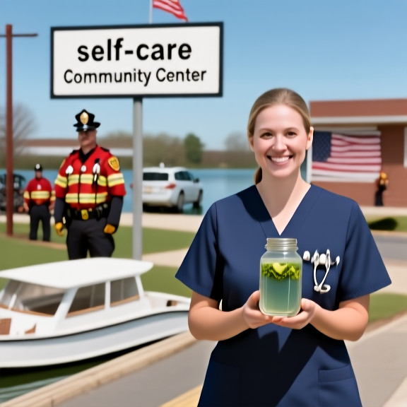nurse in scrubs holding a mason jar filled with lake water, smiling while standing near a Vermilion community center sign