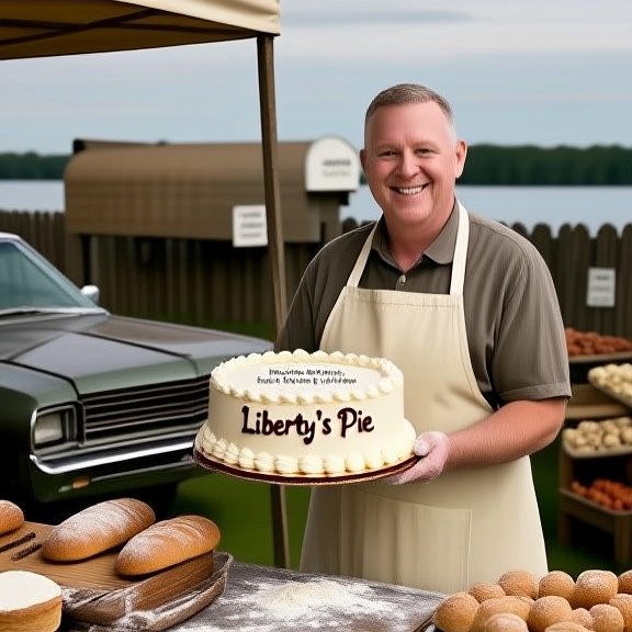 baker in flour-dusted apron holding a decorative cake labeled "Liberty's Pie" at a Vermilion farmers market