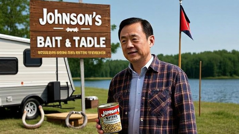 man in plaid shirt holding can of worms outside a small bait shop with "Johnson's Bait & Tackle" wooden sign