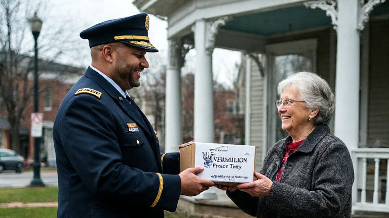 postal worker in uniform handing a package marked "Vermilion Peace Treaty" to a smiling elderly woman on a porch