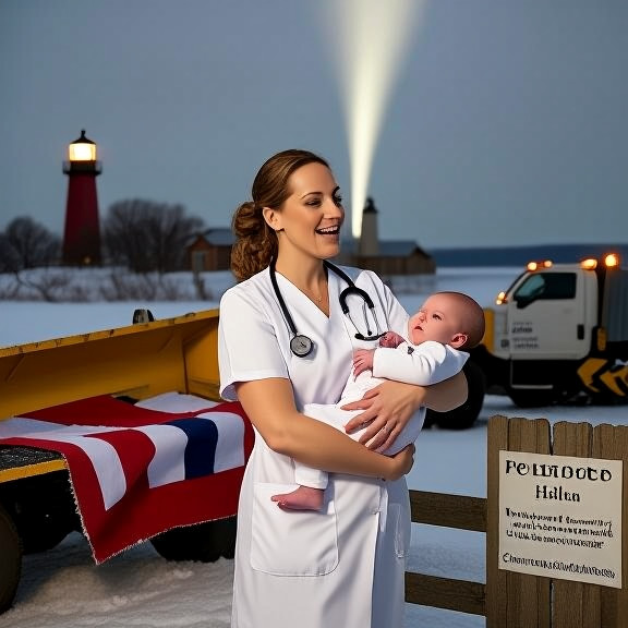 nurse in Vermilion Community Health Clinic scrubs holding a baby while gesturing toward a Constitution poster on the wall